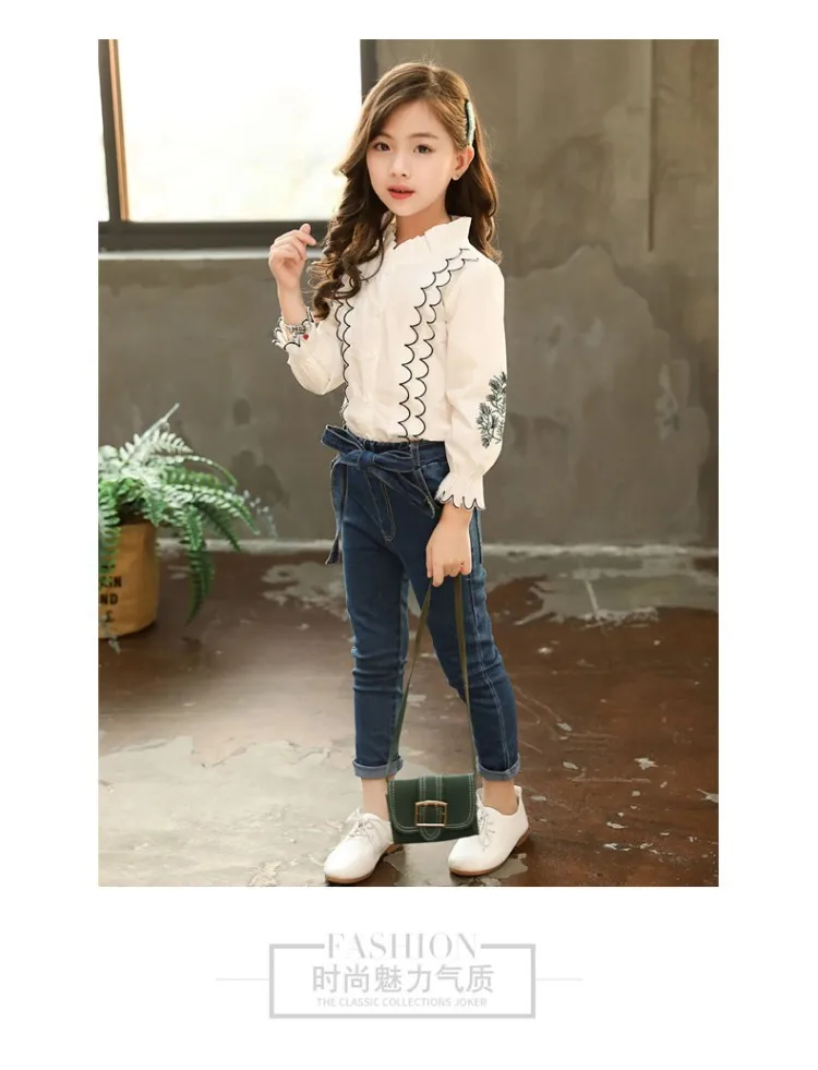 Roupa das Crianças Camisa de Renda + Calças Terno Outono Novo Crianças Meninas Coreano Estilo Manga Comprida Impressão Jeans 2 Pçs Conjuntos 2020 11 Mamãe e Bebê
