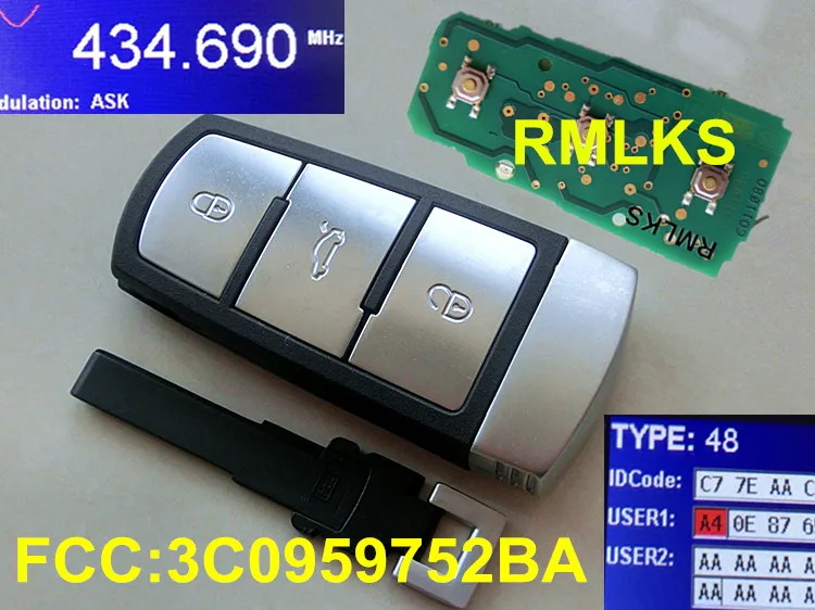 Пульт дистанционного управления RMLKS 3C0 959 752 BA 752BA замена чипа ID48 433 МГц BG 752BG ID46 для