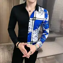Casual Shirts Slim Fit Print Party Dress Shirt Social Autumn New Korean Spring Men Shirt Long Sleeve Patchwork Color Mens