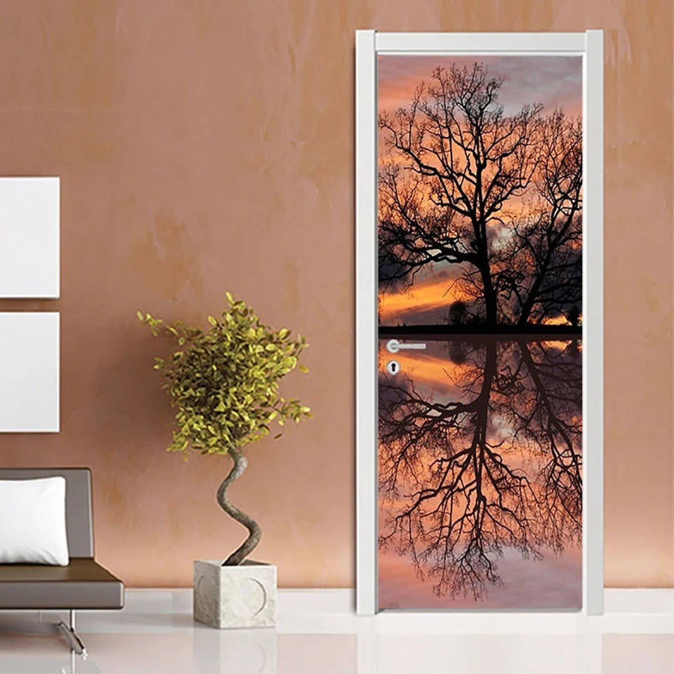 

Home Decor DIY Door Print Sunset Tree Lake Landscape Environmental Sticker Self Adhesive Art Paper Living Room PVC Waterproof 3D