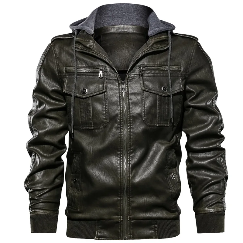 New Fashion Hooded Leather Jacket Men Casual Pockets Biker Motorcycle PU Faux Leather Coats Zipper Bomber Jackets jaqueta couro - Цвет: 2901 army green