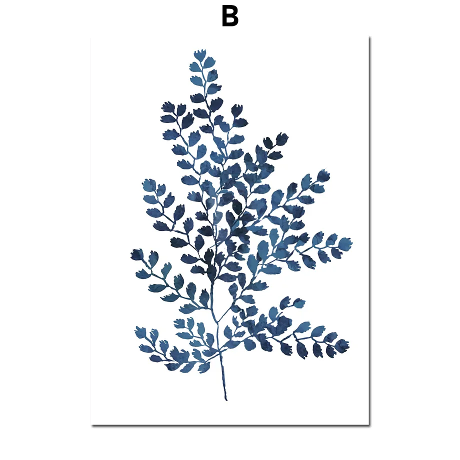Синий свежий лист, настенная живопись на холсте, растительное искусство, скандинавские плакаты и принты, акварельные настенные картины для декора гостиной - Цвет: B