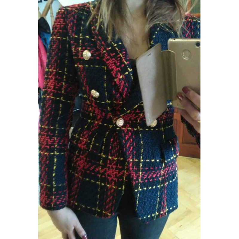 

HIGH STREET New Fashion Runway 2019 Designer Blazer Women's Lion Metal Buttons Plaid Colors Tweed Wool Blazer Jacket Size S-XXL