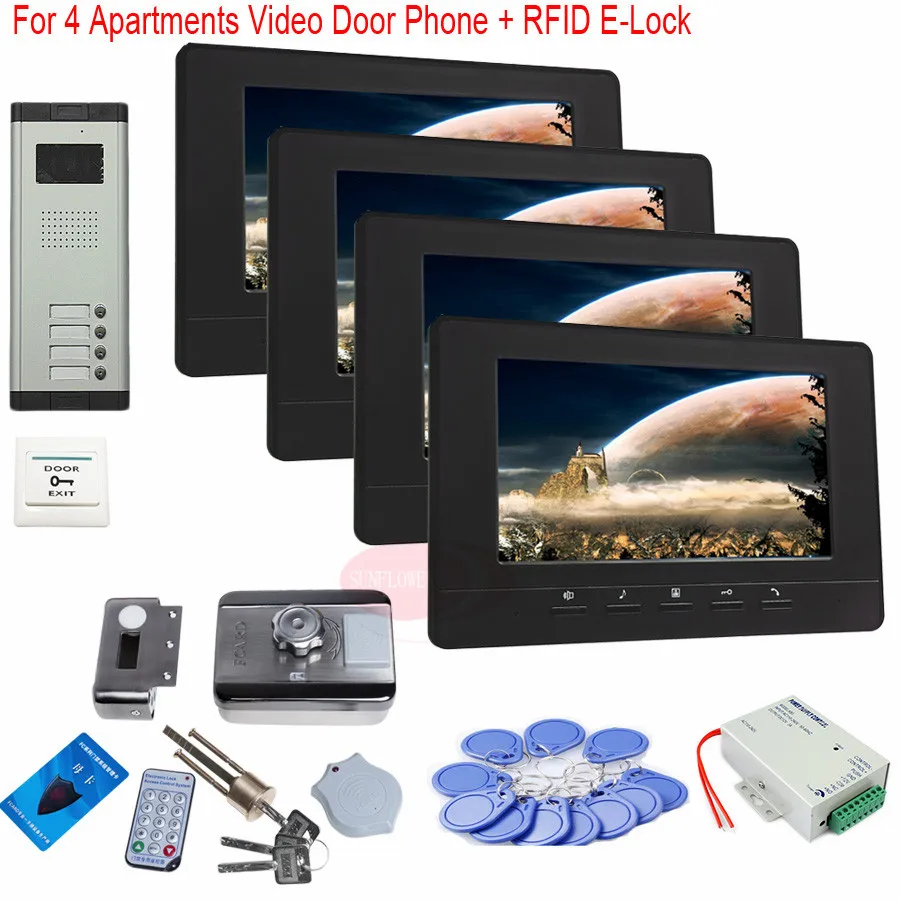 

For 4 Apartments 7 Inch TFT Door Phone Video Doorbell Intercom Security IR Camera +RFID Electronic lock In Stock!