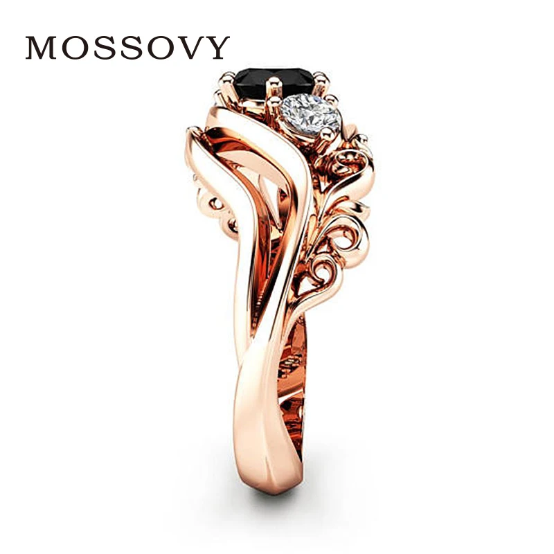 Mossovy Zircon Inlaid With Hollow Flower Rose Gold Wedding Rings for Women Black Rhinestone Engagement Ring for Female Jewelry