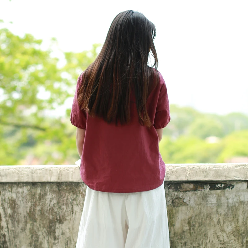 LZJN 2019 Summer Tops Women Blouses Cotton Linen Red Shirt Traditional Chinese Clothing Camisas Female Blusas Femininas PX1800 4