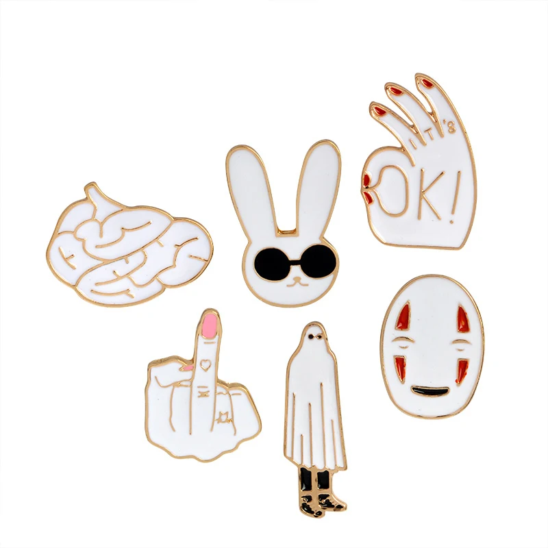 

Miss Zoe No Face man OK Middle finger Sunglasses Rabbit Brain Brooch Denim Jacket Pin Buckle Shirt Badge Gift for Friend