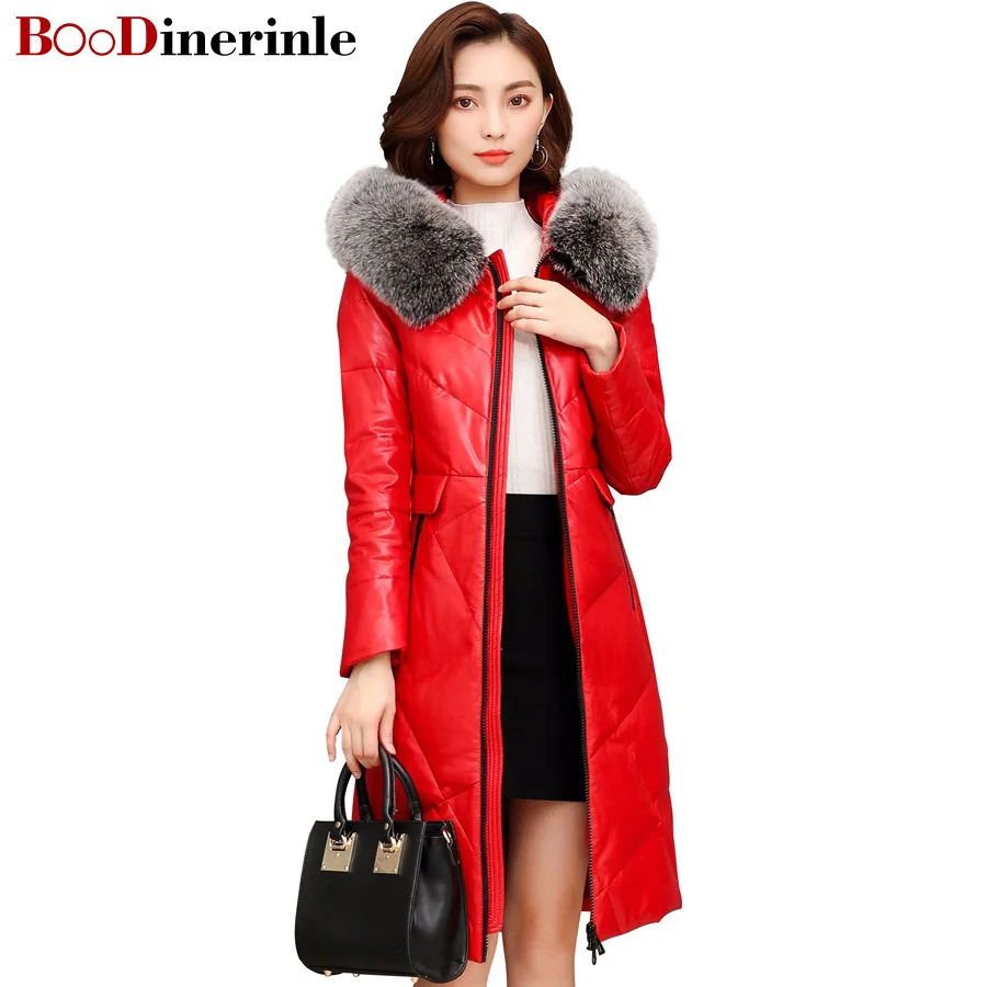 

4XL Women Long Genuine Leather Down Jacket Hooded Fox Fur Collar Womens Sheepskin Coat 2019 Winter Daunenjacke Damen Leder L012