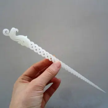 

Beautiful Chinese Handmade Hollow-out White Jade Phoenix Statue Hair Pin Stick