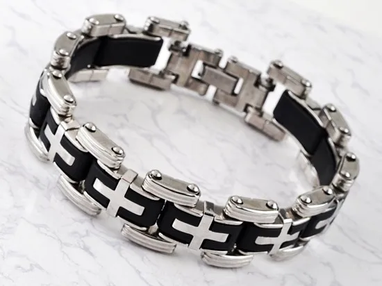 New-Men-s-High-Quality-Stainless-Steel-Bracelet-Silver-Link-Black-Rubber-Bangle (9)