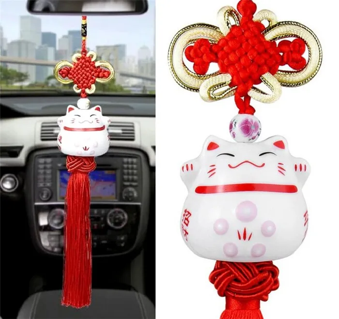 

Maneki Neko Lucky Fortune Cat Fengshui Pendant Ceramics Ring Home Car Decor
