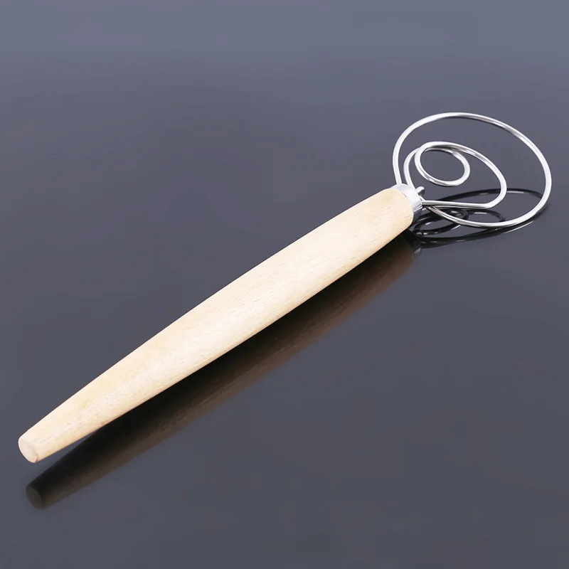 

Stainless Steel Egg Beater Flour Coil Agitator Danish Whisk Stick Oak Wood Handle Blender DIY Bread Dough Bakeware Gadget