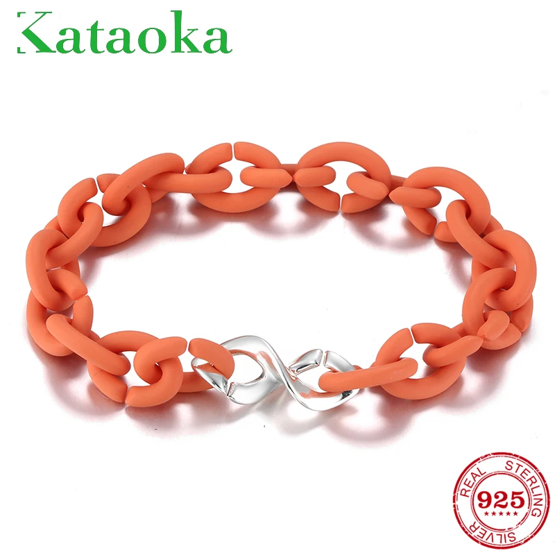 

2019 Fashion Design 925 Sterling Silver 8 shape beads Flexible Orange hard Rubber Bracelet Bangle For Women Men Unisex Wristband
