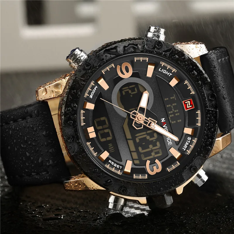 Мужские часы от ведущего бренда Naviforce, роскошные спортивные цифровые военные мужские часы из натуральной кожи, мужские наручные часы с хронографом 9097