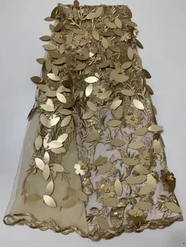 

2019 African Lace Fabric High Quality Nigerian French Swiss voile With golden Sequins Net Lace Fabrics 5 yards For Wedding A1035