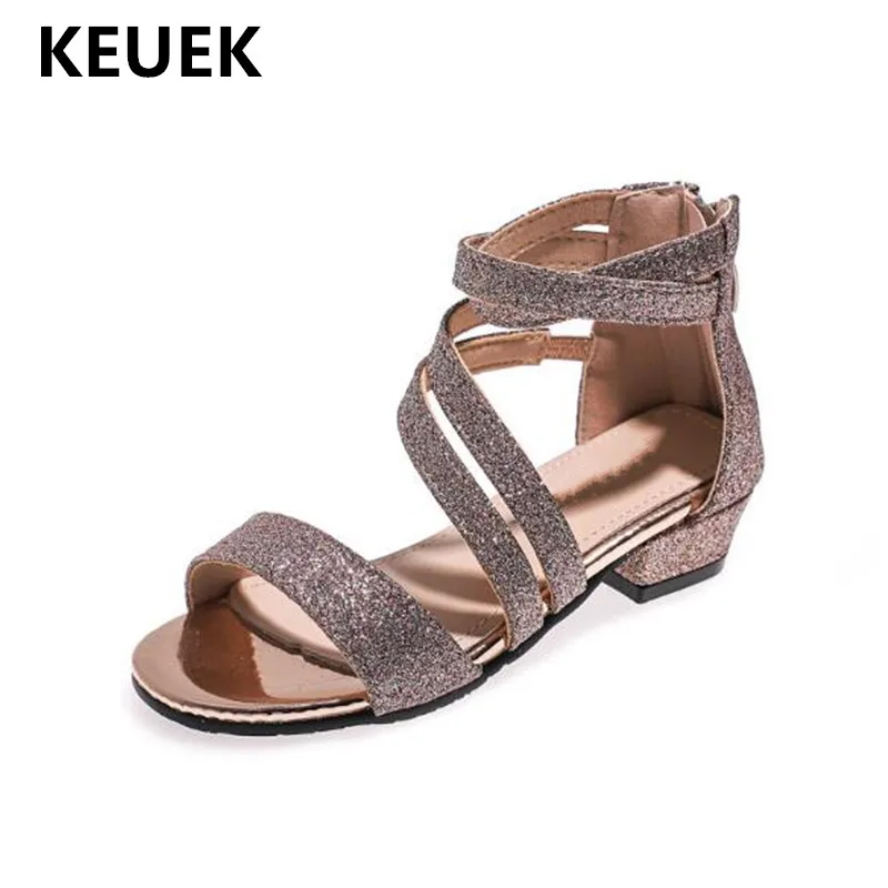 

New Kids Sandals Children High-heeled Shoes Princess Student Gladiator Zip Student Sandals Girls Glitter Leather Baby Shoes 02