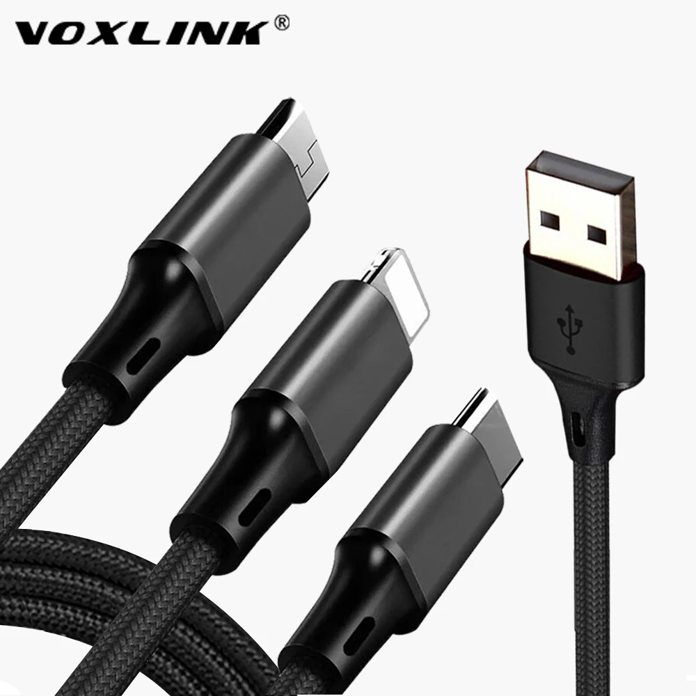 

VOXLINK 3 in 1 USB Cable For iPhone XS Max XR X 8 7 Charging Charger Micro USB Cable For Android USB Type C Mobile Phone Cables