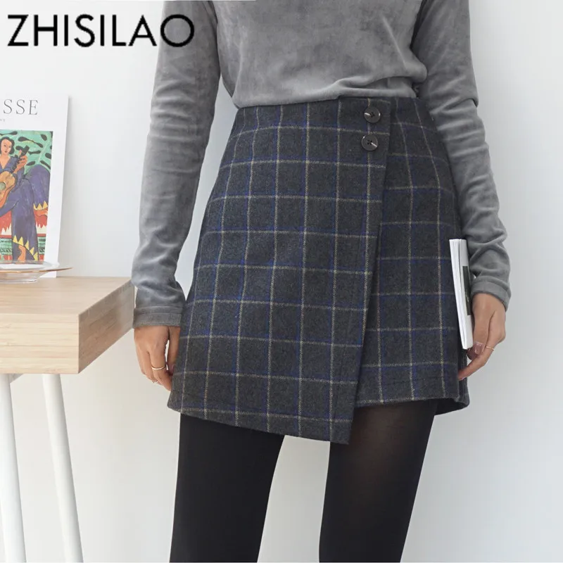 

ZHISILAO 2018 Woman Skirts Woman Pencil Skirt lolita Bodycon Slim High Waist Jupe Petticoat Lattice Plaid Skirt Vintage Woolen
