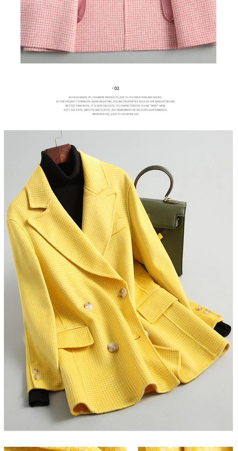 100% шерстяное пальто женское двухстороннее шерстяное пальто весна осень куртка Женская Корейская розовая куртка клетчатое пальто Chaqueta Mujer
