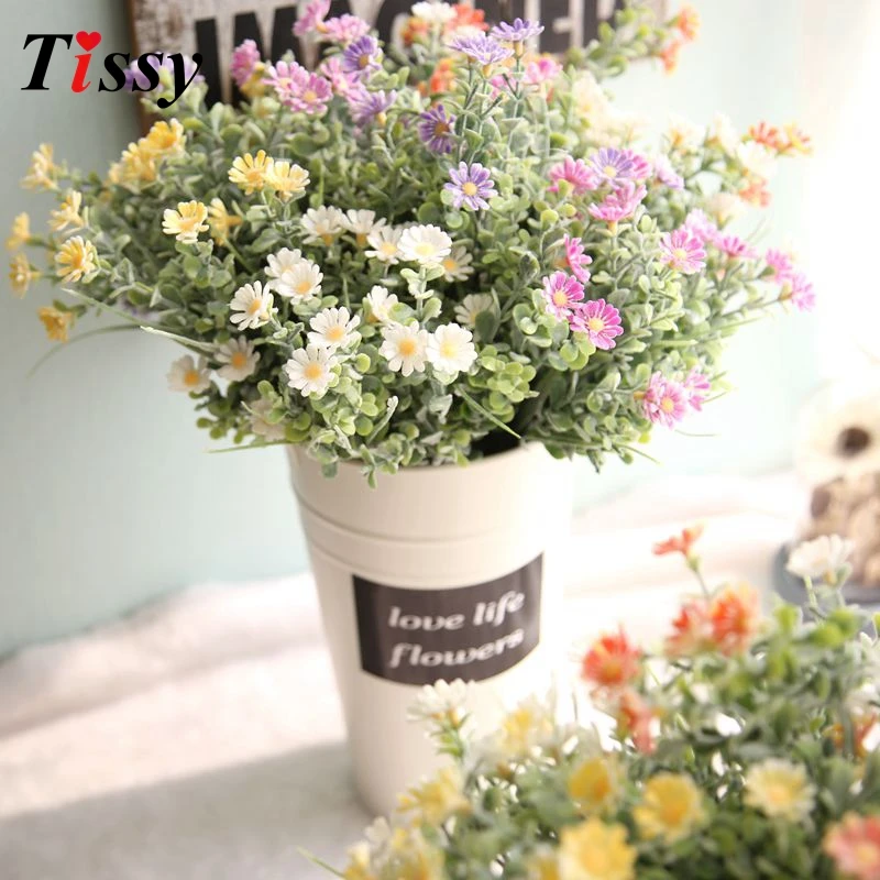 1PC Colorful Artificial Flowers Daisy Flower with Green Grass Plants