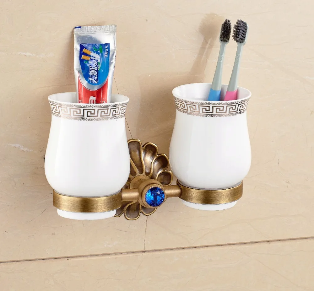 Luxury Antique Brass Tooth Brushed Set Double Ceramic Cups Bath Tooth