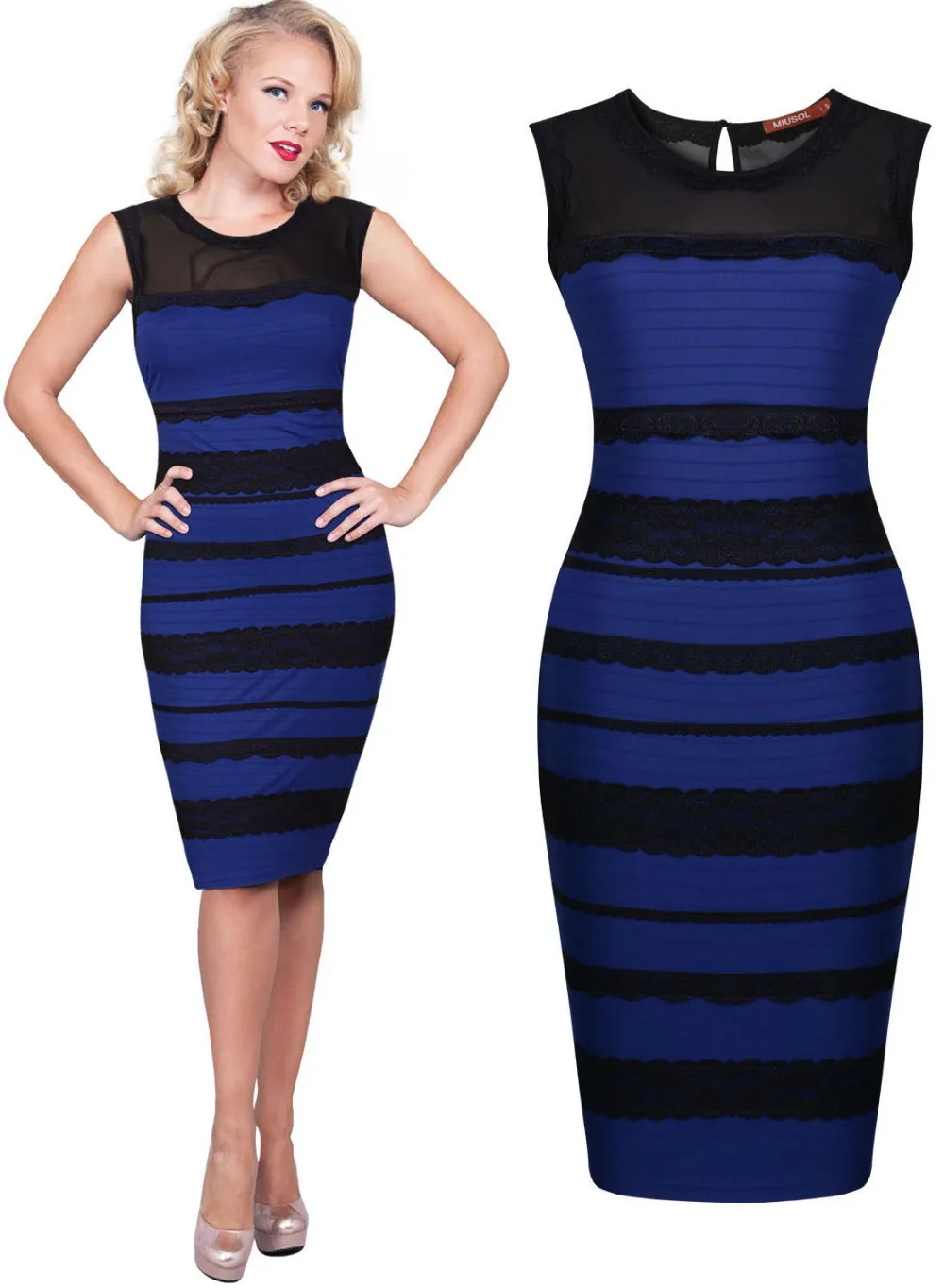 blue and black striped dress illusion