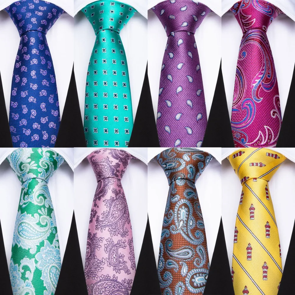 

DiBanGu Neckties For Men Blue Pink Yellow Green Silk Ties With Hanky Cufflinks Clip Set For Men Wedding Party Business Formal