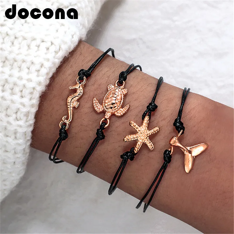 

docona Bohemian Tortoise Starfish Seahorse Layered Bracelet Bangles for Women Black Rope Adjustable Bracelets Set Pulseiras 6761