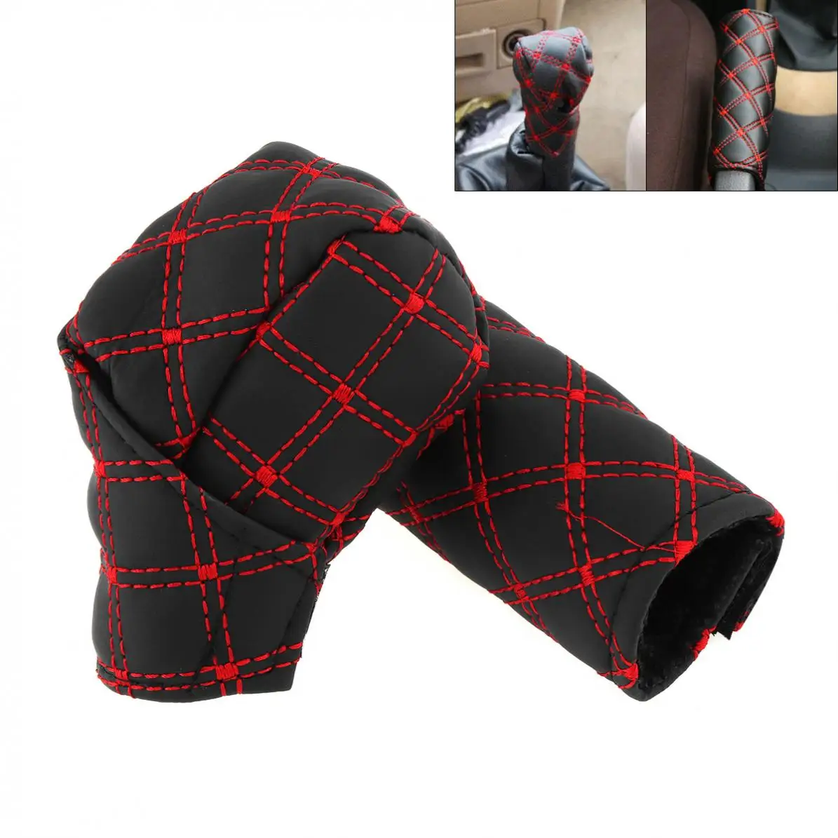 

2pcs/set 2 In 1 Wine Red Leather Car Hand Brake Gear Shift Knob Interior Protect Cover Sleeves