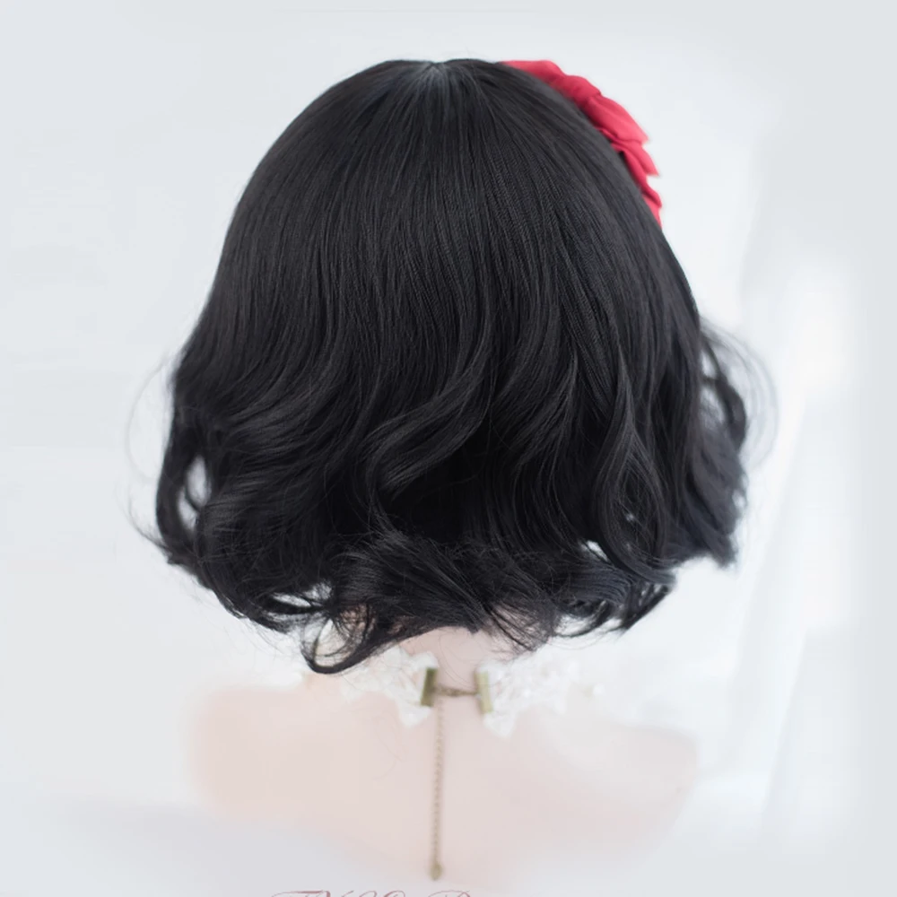 Лолита 30 см черный кудрявый аниме термостойкий косплей женский причудливый ежедневный челка синтетический парик+ шапка H762347