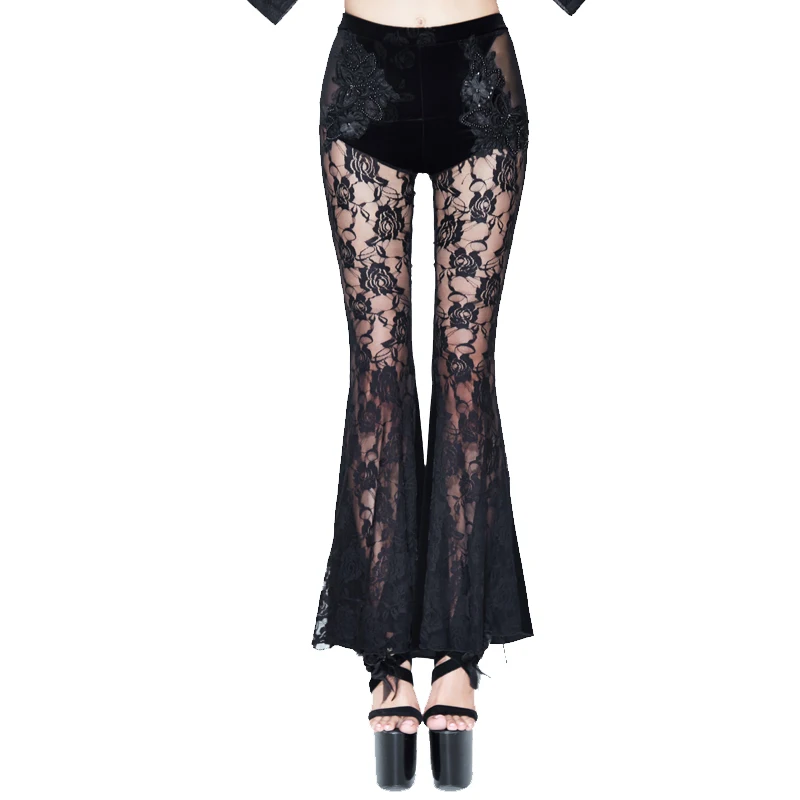 De Lady Ver Black Encaje 2018 Eva Sexy Pantalones A Nuevo Través Long Elástico Gótico Cintura Negro Alta Señora Flare 6XBxqX1S