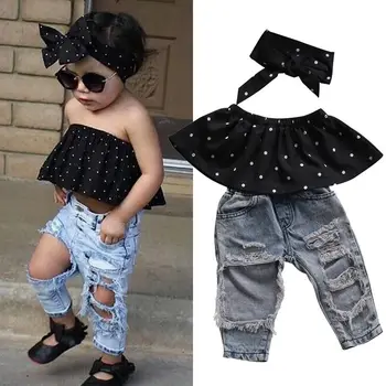 

2019 Brand New Infant Toddler Baby Girls Off Shoulder Black Polk Dot Blouse Top Hole Casual Denim Pants Outfits Set Holiday