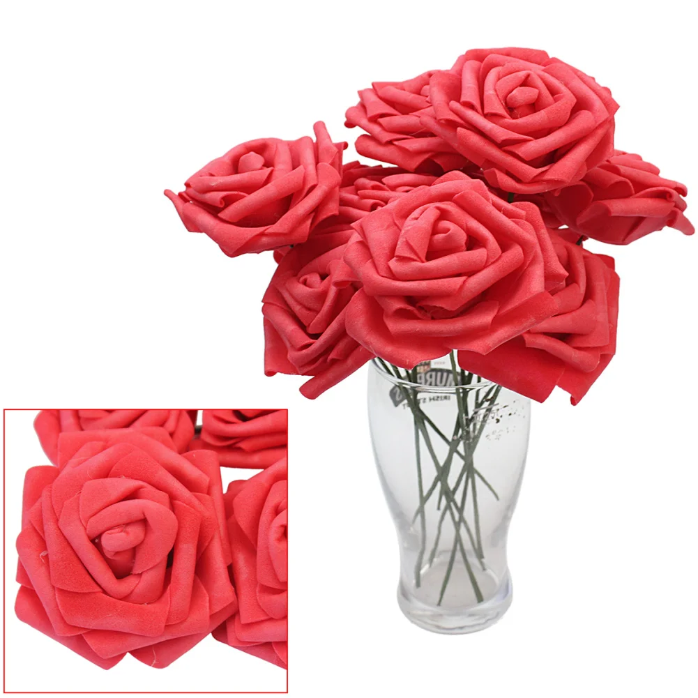 10Pcs Red Artificial Fake Sponge Foam Rose Flowers For Wedding Decoration Bouquet Home Decor