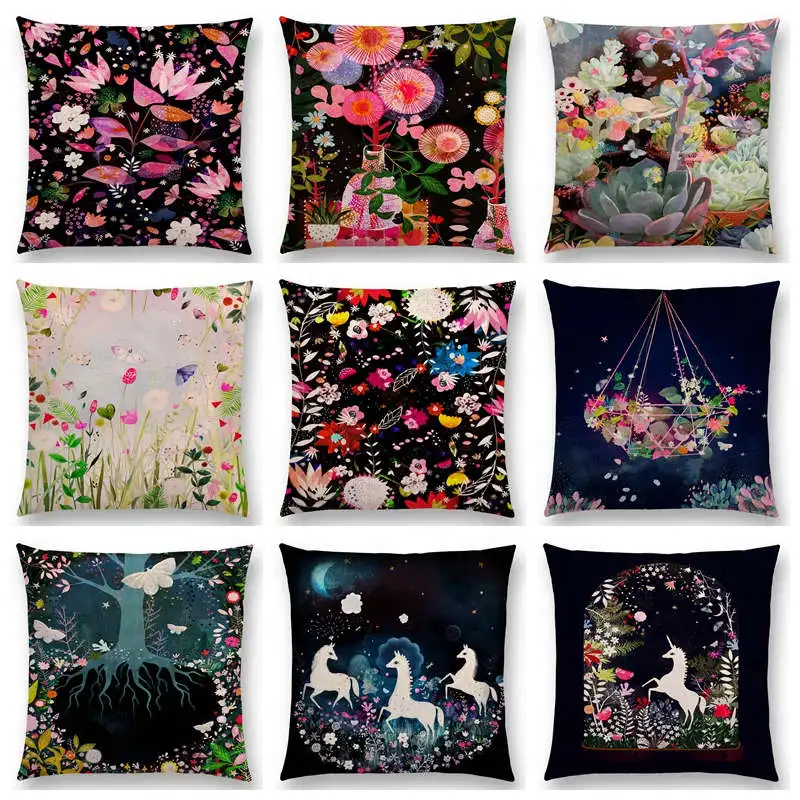 

Hot Sale Aurora Horse Flowers Leaf Tree Floral Garden Magical Dream Fantasy Night Forest Fox Deer Unicorn Cushion Sofa Pillow