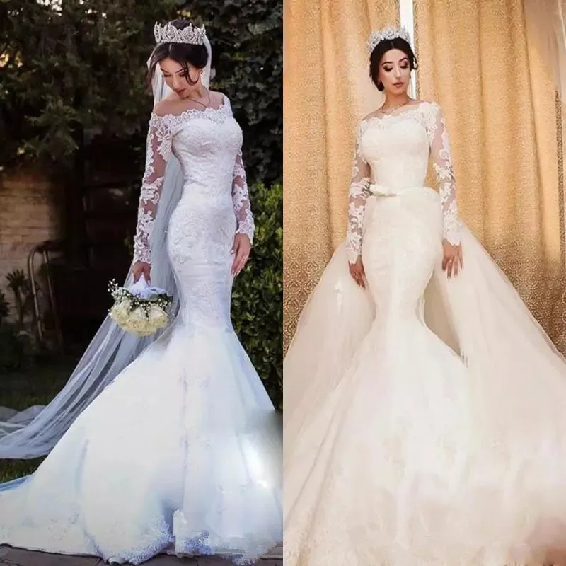 

2019 Modest Bateau Lace Wedding Dresses with Detachable Skirt Illusion Long Sleeves beach Mermaid Bridal Gowns Long Train Oversk