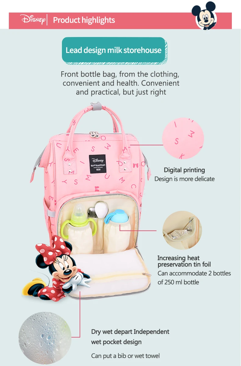 Disney водостойкий нагревательный подгузник сумка для малыша Мама подгузник рюкзак мультяшный Микки дорожная сумка большая емкость