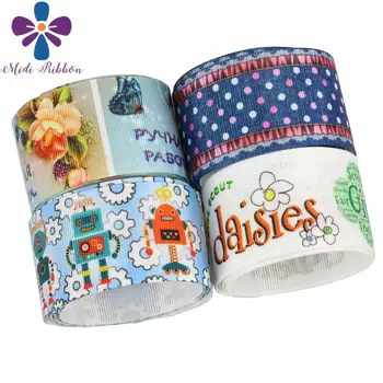 

16mm-75mm Cute Robot Colorful Dots Jeans Printed Grosgrain/Elastic Ribbon Flower DIY Party Gift Decor Hair Band 50yards/roll