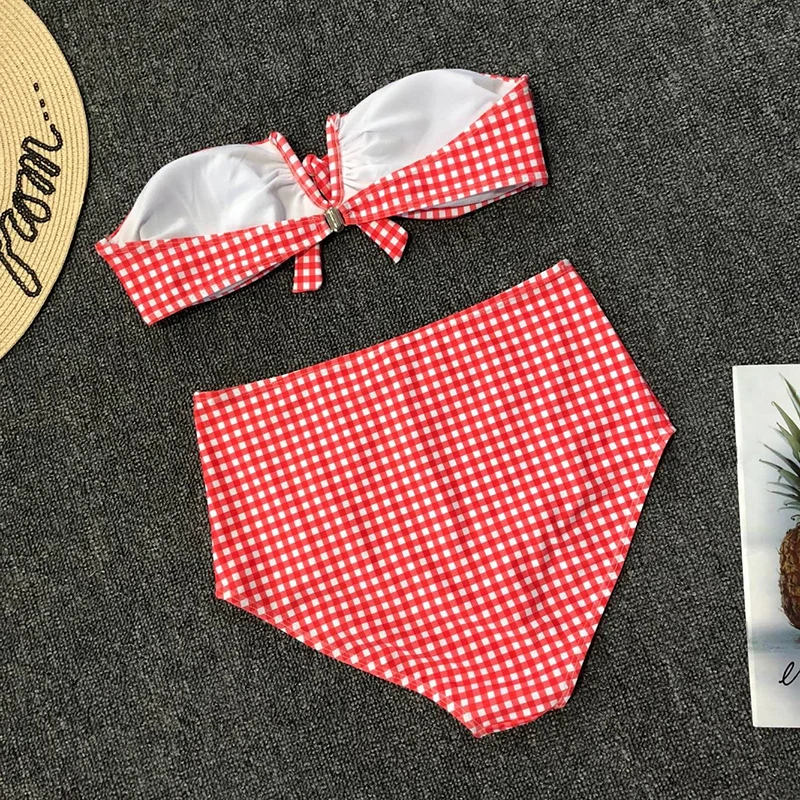 XREOUGA Knot bikinis 2019 mujer biquini Red Gingham swimsuit sexy swimwear women two-piece suits High Waist Bandeau beach wear