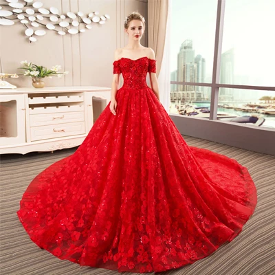 Vestido De Novia, новые элегантные свадебные платья, бальное платье с открытыми плечами, Красные Свадебные платья с рукавами, Robe De Mariage - Цвет: Красный