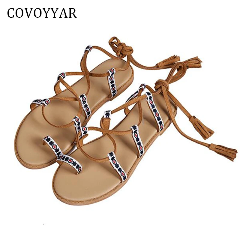 

COVOYYAR 2018 Summer Boho Women Sandals Flat Lace Up Ladies Flip Flops Nation Style Beach Gladiator Sandal Woman Shoes WSS330
