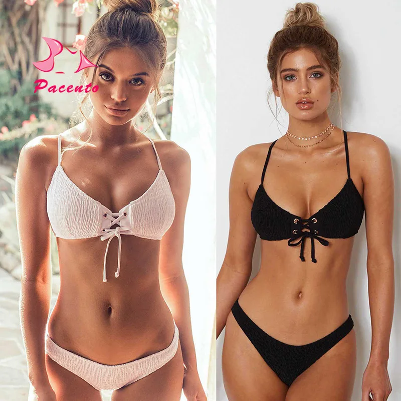 Pacento cross strappy crochet bikini brazilian solid white black plus size swimwear women XL bathing suit bandage biquine plavky