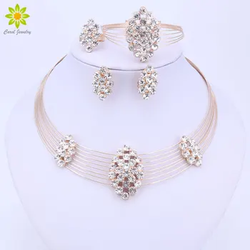 

African Fashion Jewelry Sets For Women Bridal Wedding Gold Color Crystal Choker Necklace Bangle Earrings Ring Set