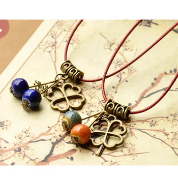 

30 Pieces/Lot Ceramic Beads Necklace Hollow Four Leaf Clover Beaded Tassel Necklace Long Sweater Chain Jewelry For Women Gifts