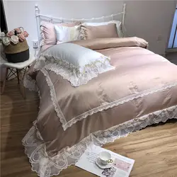 Роскошные вареного шелка хлопок элегантный кружевной комплект постельного белья гладкой и шелковистой постельное белье простыня