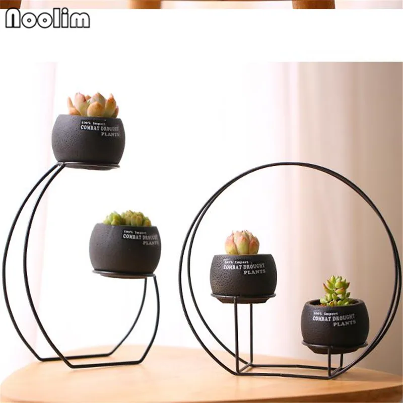 

Concise Iron Frame Ceramic Succulent Plant Small Flower Pot Tabletop Vase Green Plant Small Flower Vase