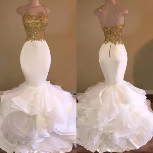 74-1     White And Gold Mermaid Prom Dresses 2017 Organza Appliques Beaded Ruffle Evening