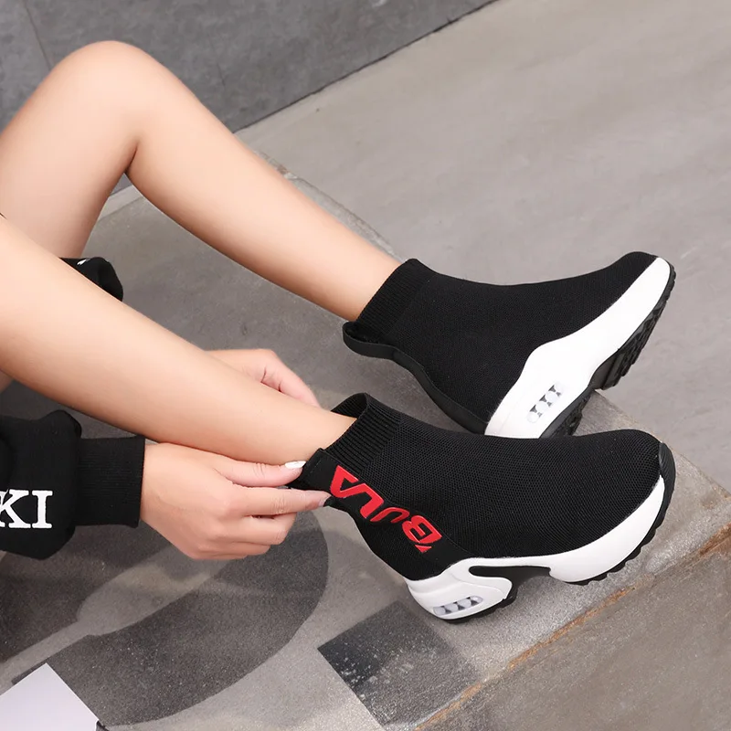 

Yeeloca Single Ankle Boots Womens Socks Shoes Female Sneakers Casual Elasticity Wedge Platform Soft Shoes Women Platform Flats
