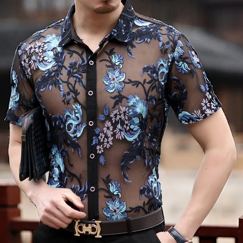 Camiseta masculina пикантные человек полые кружева Цветочные Одежда Мужской see through вышивка рубашки с коротким рукавом Прозрачный рубашки рубашка платье рубашка