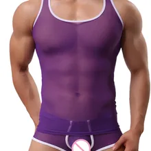 Для мужчин Повседневное Пижама Для мужчин нейлоновая сетка жилет сексуальная сторона H сзади нижняя одежда для сна для Для мужчин жилет и boxer set
