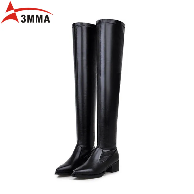 

3MMA Pointed Toe Over The Knee Boots Women Low Heels Slip on Thigh High Soft Leather Inside Fur Spring Autumn Fashion Long Boots